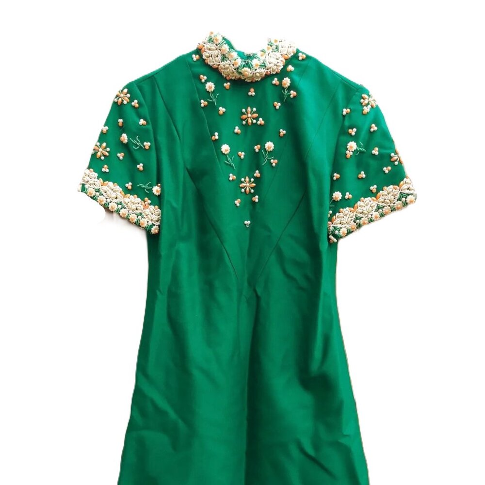 Vintage 60s Dress "Fashion Centre" Green Beaded Daisy 32"B 29"W